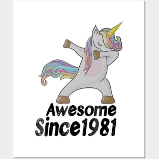 38th Birthday Gift Awesome Since 1981 Unicorn Dabbing Posters and Art